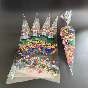 Bolsas de embalaje triangulares de cono dulce de fábrica para bolsas transparentes de plástico transparente para violonchelo de palomitas de maíz