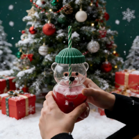 Gobelet Isotherme Ours de Noël Dessin Animé avec Paille pour Enfants et Adultes – Idéal pour Café, Jus, Eau, Thé