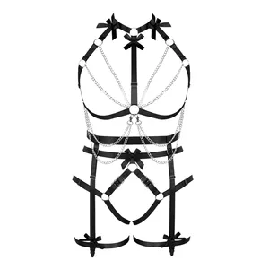 Lingerie de grande taille pour femmes, porte-jarretelles élastiques, rosette évidée en métal avec chaîne de corps, ensemble de lingerie sexy