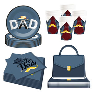 Juego de Platos de Papel Desechables Personalizados DAMAI con Temática del Día del Padre, Bolsa Azul Oscuro y Juego de Platos de Papel con Barba Marrón - Product Image 1