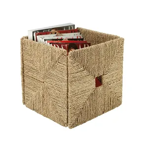 Hermosa cesta de almacenamiento tejida de mimbre de paja plegable, contenedor de ropa para el hogar