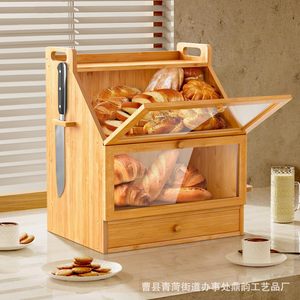 Boîte de rangement à pain en bambou à double couche avec porte en verre, boîte à pain en bois massif avec tiroir pour comptoir de cuisine - Product Image 2