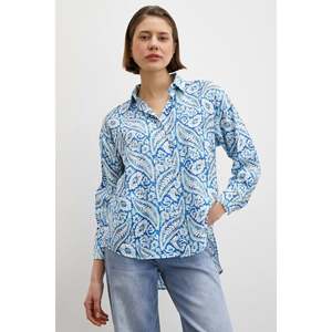 เสื้อเชิ้ตผ้าโมดอลพิมพ์ลายดอกไม้สีฟ้าสำหรับผู้หญิง สวมใส่สบายๆ ทุกวัน ติดกระดุม ผ้าป๊อปลิน - Product Image 2