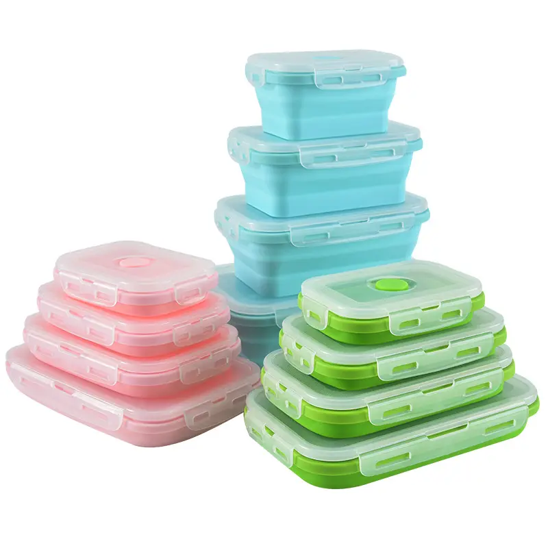 Foldable Bpa Free Microwave Reusable Leak Proof Collapsible Containers Folding Food Storage Silicone Lunch Box Bento sets