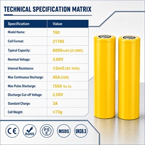 Batterie cylindrique Battivus Ultra Low IR INR21700 3.6V T60 6000mAH 40A à décharge continue <span class=keywords><strong>Vapcell</strong></span> <span class=keywords><strong>21700</strong></span> pour pack de batteries - Product Image 3