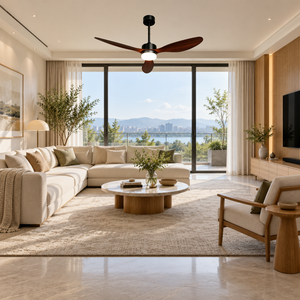 Contemporary Brown Wood-Look Blade 3-Blade 52" DC Motor <b>Ceiling</b> <b>Fan</b> <b>Light</b> White Housing <b>Remote</b> <b>Control</b> Low Profile for Modern - Product Image 1