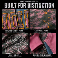 Sweat à capuche zippé personnalisé bleu délavé 360 g/m² avec empiècements, imprimé varsity, motif camouflage et rose, style streetwear OEM ODM
