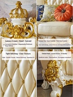 Meubles de salon de style européen en cuir véritable, canapé de salon en bois massif sculpté de luxe avec revêtement en cuir de vachette de première qualité