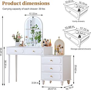 <span class=keywords><strong>Bureau</strong></span> de toilette <span class=keywords><strong>blanc</strong></span> avec miroir LED arqué, armoire latérale réglable, prise de courant intégrée, 5 tiroirs de rangement - Product Image 2