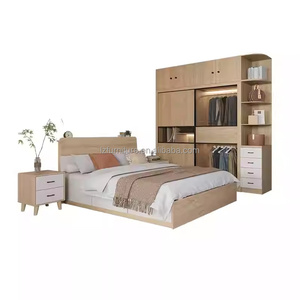 Meubles de chambre à coucher en bois clair abordables et personnalisables, ensembles de lits complets avec tables de chevet, armoire et bureau pour appartements studio - Product Image 3