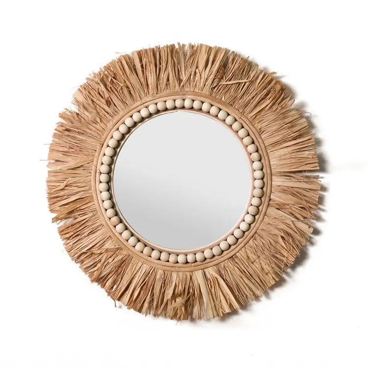 solid wood breads decorative wall hanging rattan round mirror