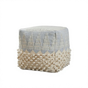 Handcrafted Boho Wool Cotton Pouf Ottoman Floor Cushion <b>Footrest</b> for Living Room Scandinavian Multi-Functional Decor ITHL - Product Image 1