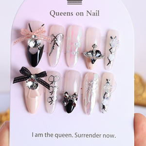 Uñas postizas acrílicas de lujo hechas a mano, precio de fábrica al por mayor, con pedrería, forma cuadrada, diseño 3D de cobertura completa con puntas francesas. - Product Image 3