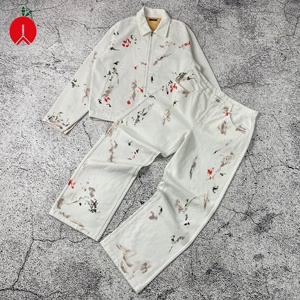 Fabricant OEM et ODM, fournisseur de marque privée, ensemble <span class=keywords><strong>veste</strong></span> et <span class=keywords><strong>jean</strong></span> <span class=keywords><strong>en</strong></span> denim blanc avec logo personnalisé et éclaboussures de <span class=keywords><strong>peinture</strong></span> à bas quantité minimale de commande et fermeture éclair sur le devant - Product Image 1