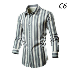 Modische Button Up Polyester Langarm Gestreiftes Bedrucktes Hemd Für Männer DF-2 - Product Image 6