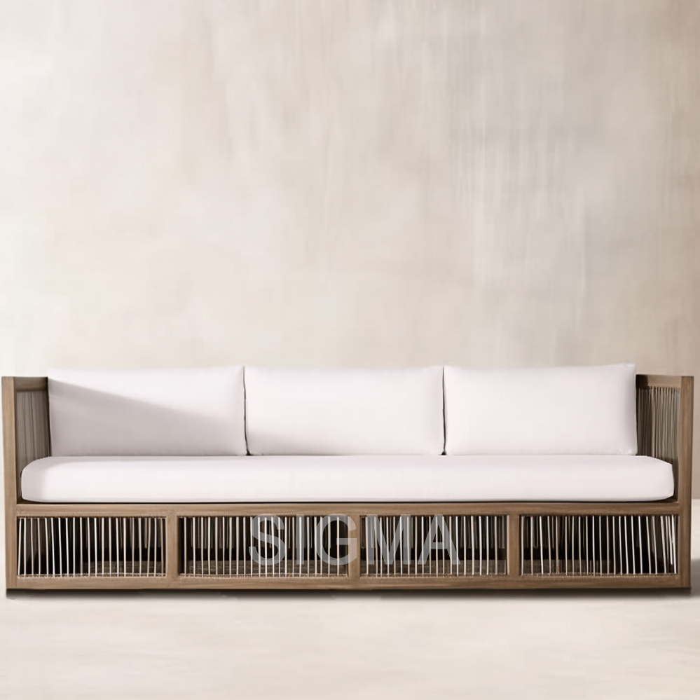 Modern Hotel Outdoor Lounge Set Rope Sofa Ottoman Weaving Teak Wood Outdoor Furniture