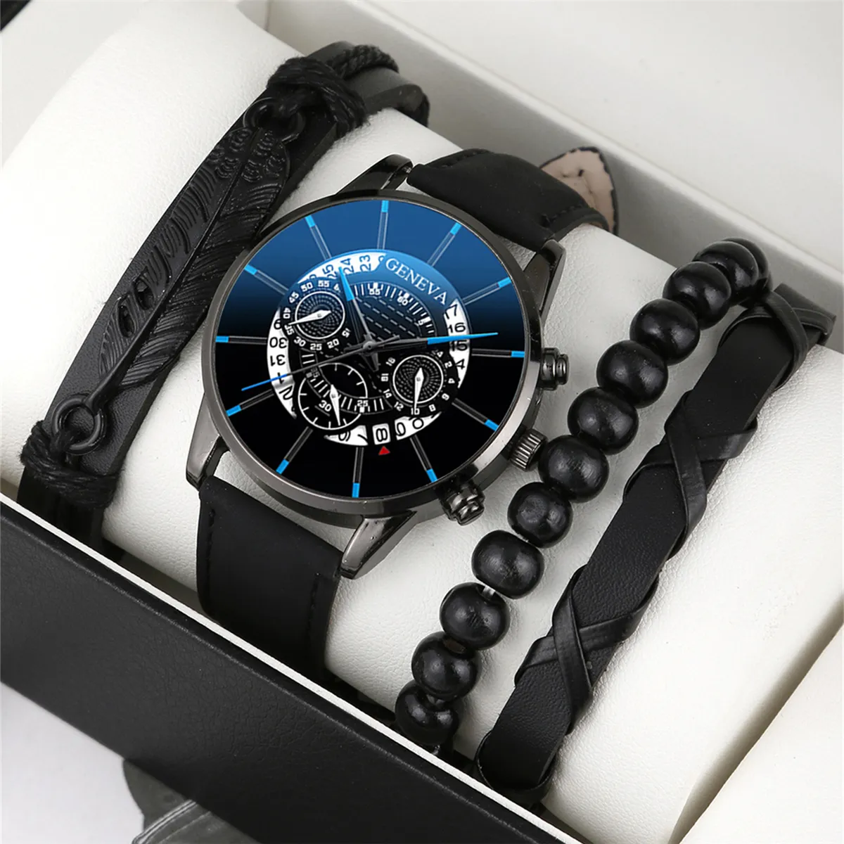 NW1443 Reloj de cuarzo hueco con calendario de cinturón de fósforo atractivo para hombre más 3 pulseras