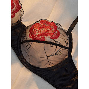 Kadın <span class=keywords><strong>2</strong></span>-Piece sevgililer günü dantel nakış çiçek dantel dekorasyon ile iç çamaşırı seti seksi şeffaf sutyen tanga - Product Image 4