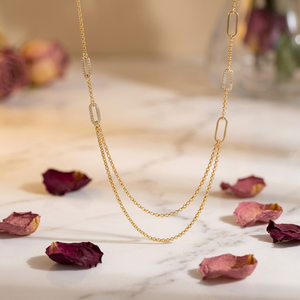 Gold Plated Stainless Steel Necklace with White Rhinestone Accents - Product Image 1