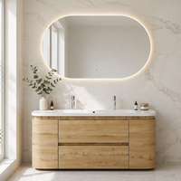 Meuble-lavabo de salle de bain moderne de luxe en bois naturel courbé, gain de place, double vasque, miroir LED intégré pour appartement et suite parentale