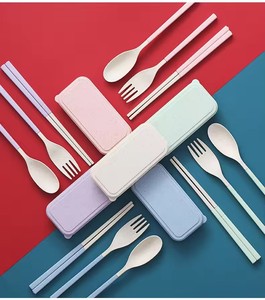 Ensemble de couverts portables en <span class=keywords><strong>paille</strong></span> de blé, détachable et télescopique, comprenant une fourchette, une cuillère et des baguettes, pour les voyages - Product Image 3