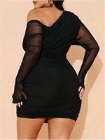 Robes mini en maille unie à épaules dénudées pour femmes grandes tailles |   Robe moulante transparente à une manche longue pour club et soirées d'anniversaire – Tenue d'automne
