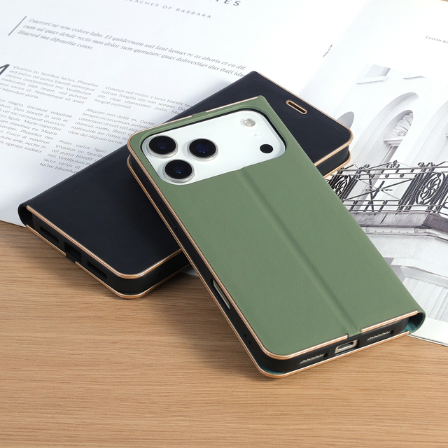 OEM Custom Logo PU Leather Flip Wallet Case for iPhone 17/18 Pro Max Metal Frame Card Slot Kickstand Shockproof Cover Bulk Order