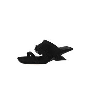 Sandalias de mujer de tacón alto y grueso, de cuero genuino, estilo francés, con punta cuadrada y flecos, de color liso, sin cordones. - Product Image 2