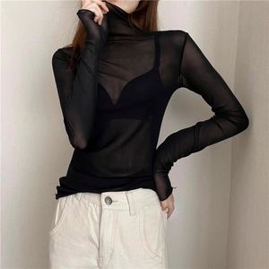 T-shirt sexy pour femme, haut transparent en maille à manches longues, coupe ajustée, <span class=keywords><strong>col</strong></span> <span class=keywords><strong>roulé</strong></span> uni, en soie, avec dentelle, style <span class=keywords><strong>crop</strong></span> <span class=keywords><strong>top</strong></span> - Product Image 2