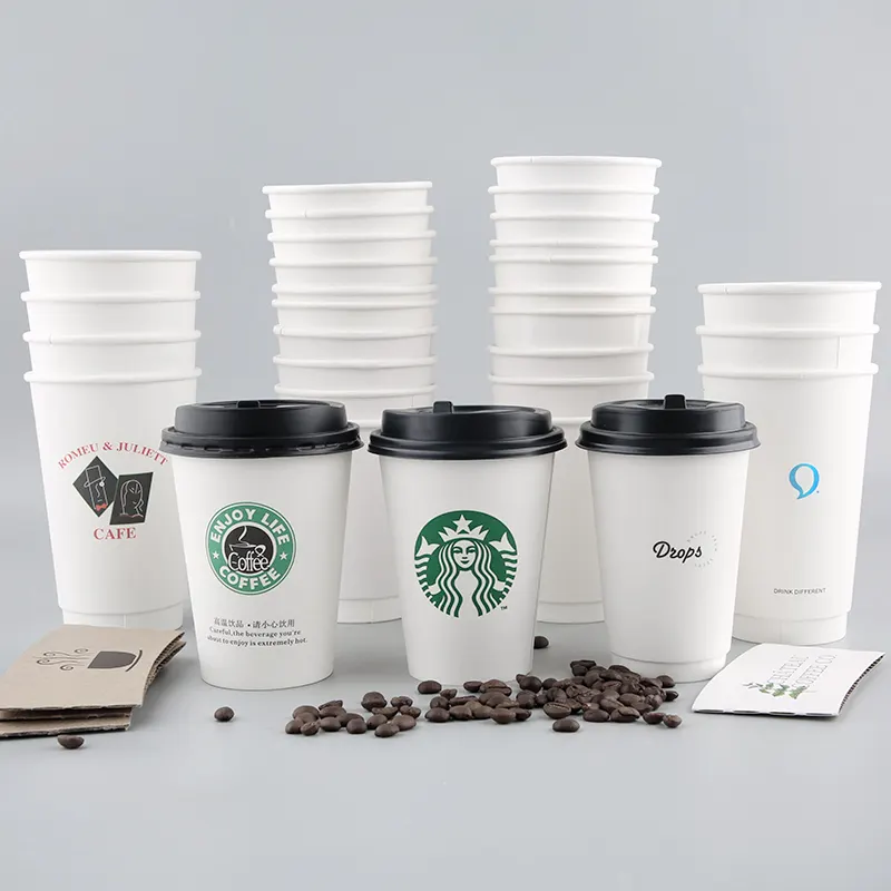 Custom printed logo 6 8 10 12 16oz cup with lid disposable single double wall pla coated Tea Paper coffee Cup for Hot Drinks