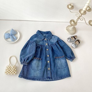 Vestito in Denim per Bambina Primavera-Autunno, Abito a Maniche Lunghe con Tasche Ricamate, Dolce Abbigliamento per Bambini - Product Image 3