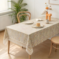 Nappe Jacquard Florale Vintage avec Pompons, Housse de Table Rectangulaire Tissée pour la Décoration de la Salle à Manger à la Maison