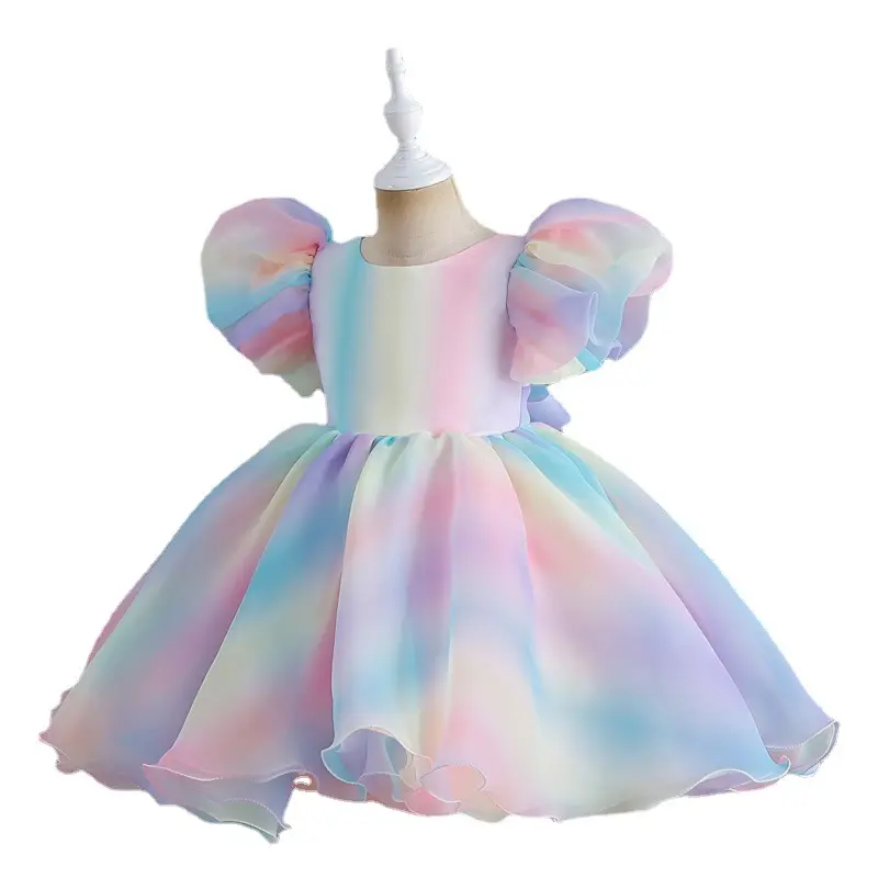 Hind End Rainbow Color Puff Sleeve Fancy Dress Girls Tulle Dress with Bow Tie Sash at Waist