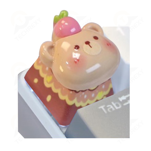 Artisan Hand-Painted Custom PBT Resin Animal Keycap, Blush Cheeks & Cherry Topper with Yellow Lace for Mechanical Keyboards