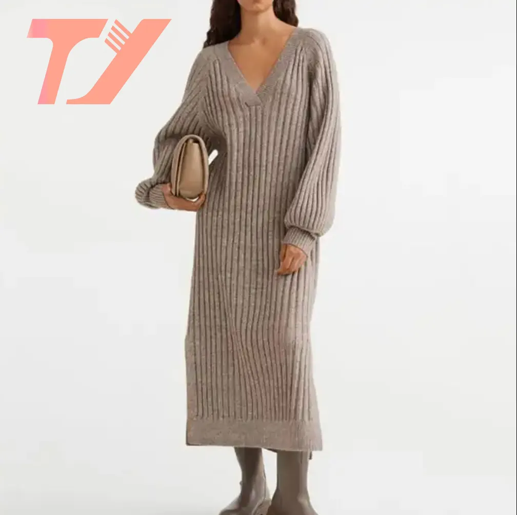 TUOYI automne hiver décontracté surdimensionné coton tricoté pull col en V Midi robe à manches longues pour les femmes