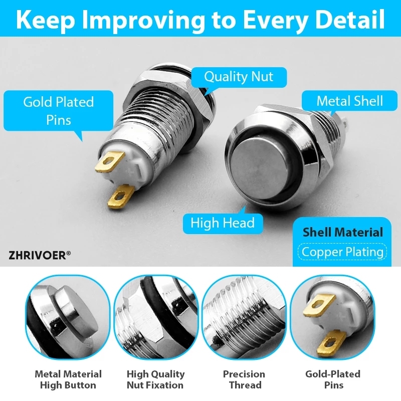 DIYhz Metal Waterproof Push Button Switch - 10mm Reset Switch, 3PCS, Silver
