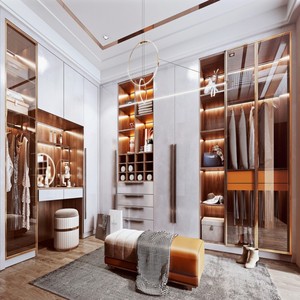 <span class=keywords><strong>Armario</strong></span> Vestidor Moderno con Puertas Corredizas de Vidrio con Marco Dorado Champán de Lujo Personalizado BALOM, <span class=keywords><strong>Armario</strong></span> con Iluminación LED Personalizada para Dormitorio - Product Image 1