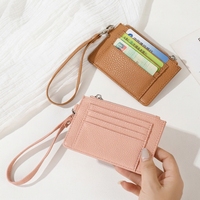 Dompet Kartu Minimalis Kulit PU dengan Tali Lepas Pasang, Kantong Koin Resleting, Dompet Kartu Tipis Wanita, Hadiah