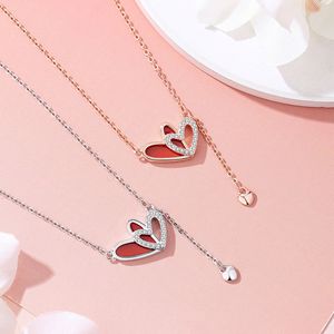 Collana da Donna S925 con Ciondolo a Cuore Trendy, Agata Rossa e Nappe, Catena a Maglie Placcata Argento/Oro Rosa, Stile Bambù, Anniversario Autunno/Inverno - Product Image 3