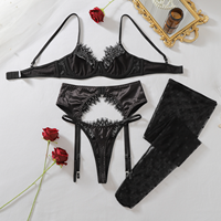 Ensemble de lingerie sexy en satin noir et dentelle, 4 pièces : soutien-gorge à armatures, porte-jarretelles, string et bas résille à pois pour femme