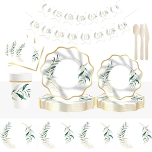 DAMAI - Juego de Vajilla Desechable de Papel con Estampado de Hojas Verdes, Platos y Vasos para Fiestas de Té - Product Image 2