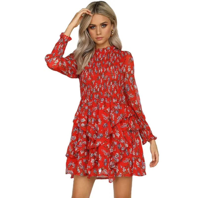 Vestidos con volantes y estampado floral rojo de manga larga y cuello alto