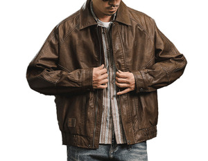 Blouson <span class=keywords><strong>d</strong></span>'<span class=keywords><strong>hiver</strong></span> <span class=keywords><strong>d</strong></span>écontracté en cuir PU pour homme, coupe oversize, avec logo frontal, coupe-vent - Product Image 2