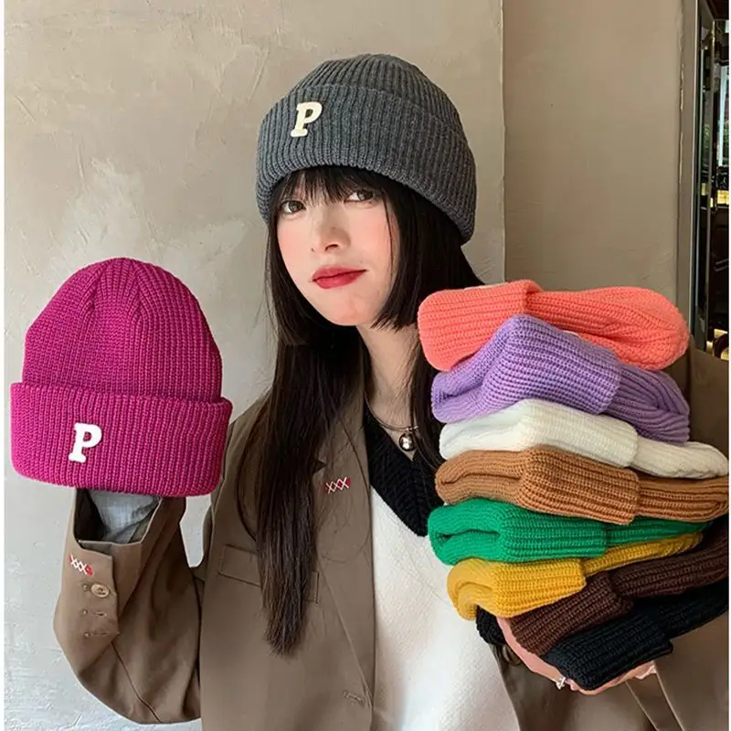 INS Hot Selling NFL Beanie Hats Winter Letter P Acrylic Knitted Warm Pompom Beanies
