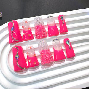 Lot de 10 faux ongles longs en forme de cercueil, <span class=keywords><strong>rose</strong></span> néon, français, diamant, acrylique, à presser, faits à la main, réutilisables, ensemble personnalisé, couverture complète des doigts - Product Image 6