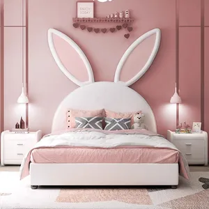 Novaモダン漫画ウサギ子供用ベッドフレーム女の子用ベッドルーム家具PUレザーキッズ布張りベッド
