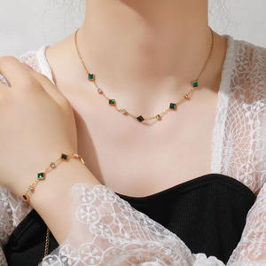 Fashion Stainless Steel square <strong>Geometric</strong> Beaded <strong>Japanese</strong> and Korean Style Titanium Steel Necklace - Product Image 1