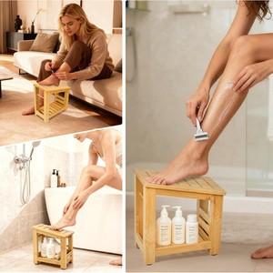 Mu Shunge Bamboo <b>Shower</b> Stool 50x35x40 Cm Double Layer Storage <b>Rack</b> For Bathroom Toiletries And Footrest - Product Image 4