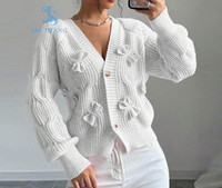 Cárdigan de Punto Elegante para Mujer con Cuello en V y Lazo, Suéter de Manga Larga con Botones y Tejido Acanalado, Jersey Casual de Moda para Otoño e Invierno