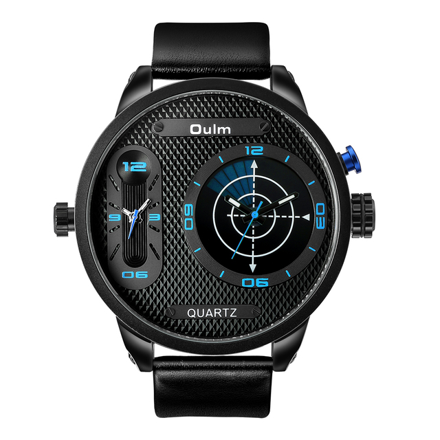 Oulm 3221B Quartz Smart Watch Double Time Zone Large Dial with Luminous Genuine Leather Strap Wrist Watches for Men